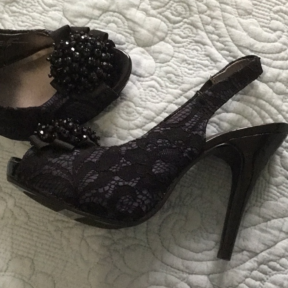 Blue Silk and Black Lace sling back heels